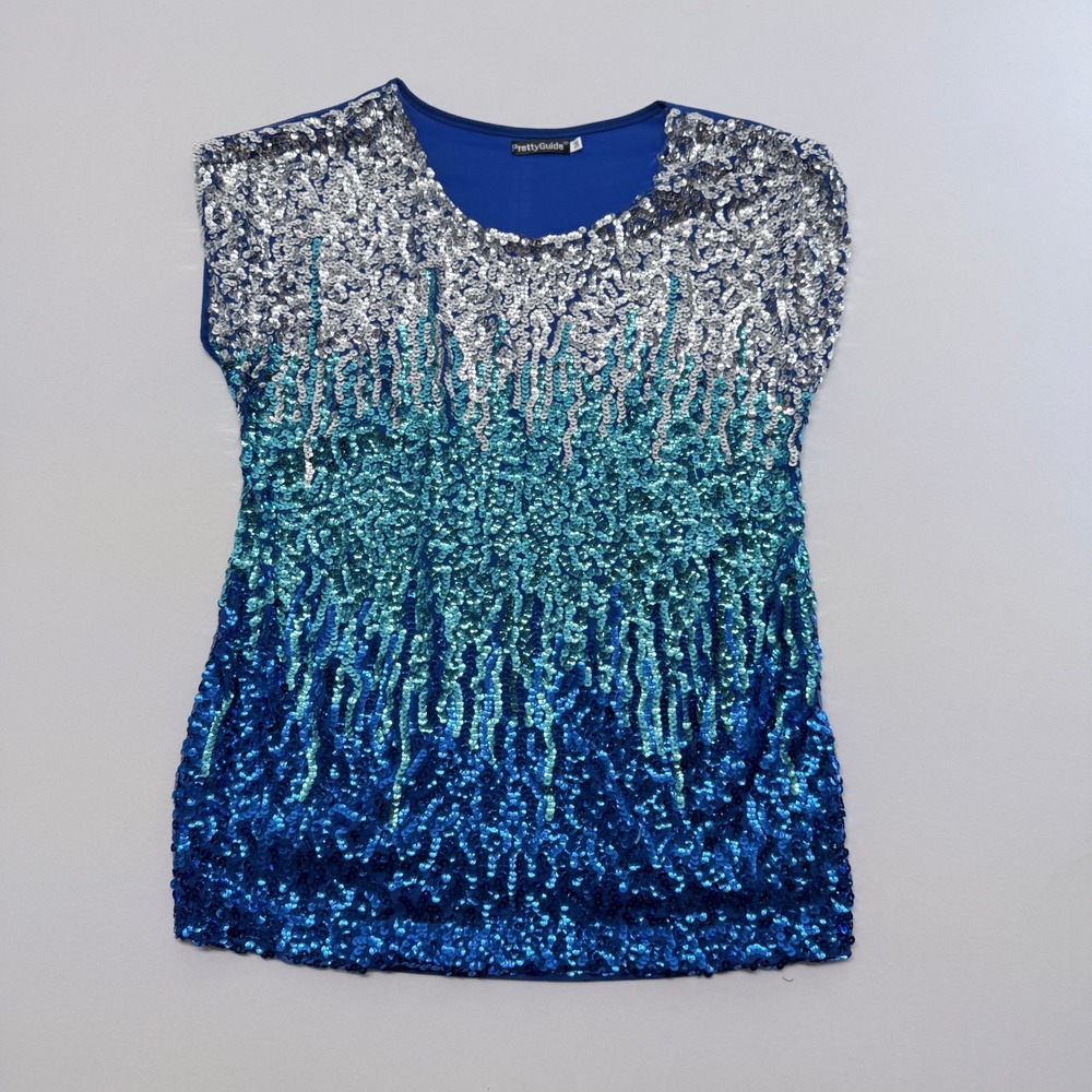 PrettyGuide Womens Sequin Ombre Top Silver Teal Blue Short Sleeve Party Shirt M